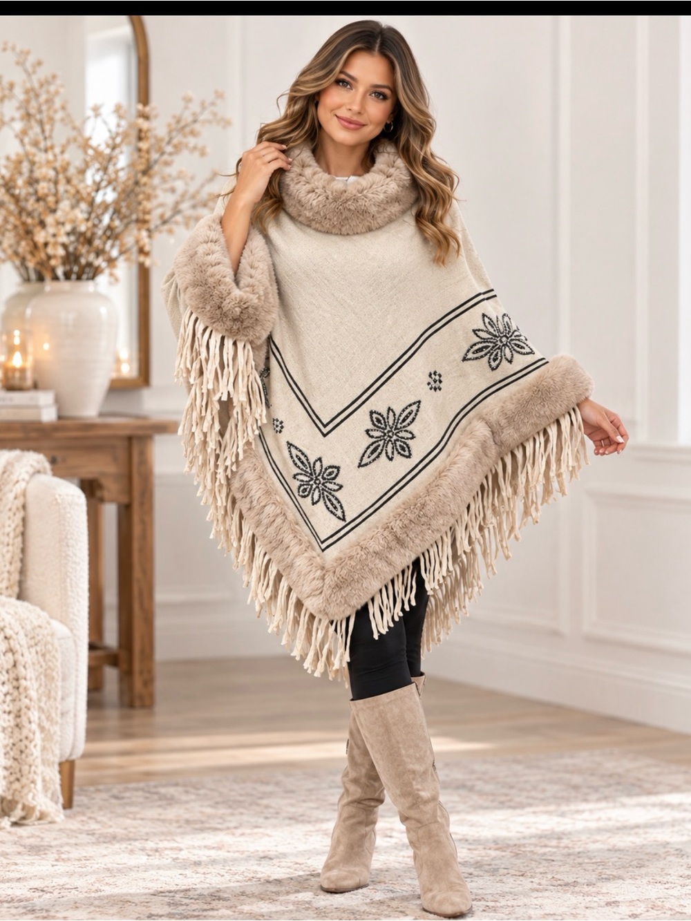 Faux Fur Trim Rhinestone Fringe Poncho Cape One Size